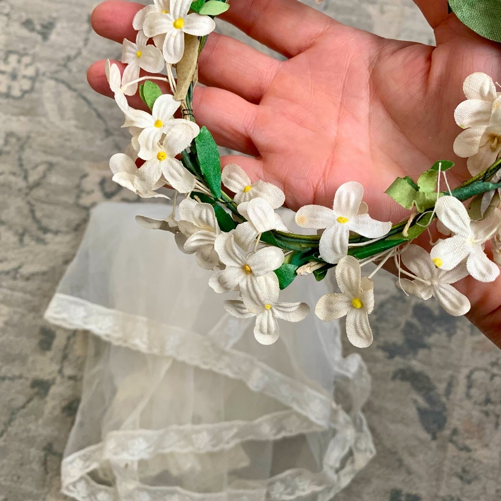 Vintage First Communion Ivory White Veil with Lace & Flower Wreath Headpiece